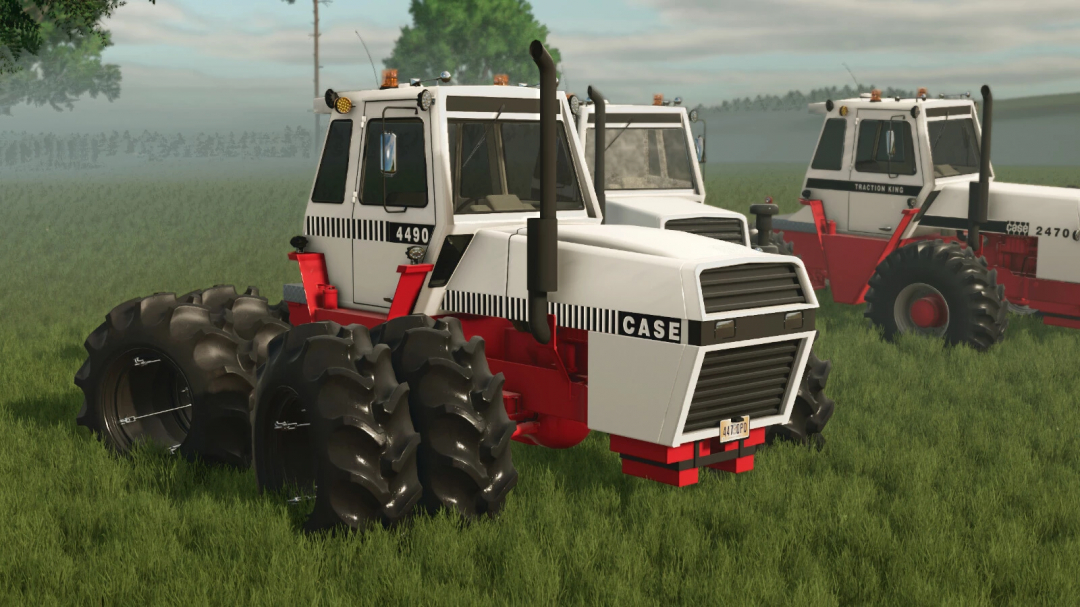 Farming Simulator 25 mods, two Case IH Traction King Series tractors on grassy field, detailed models for FS25 simulation.