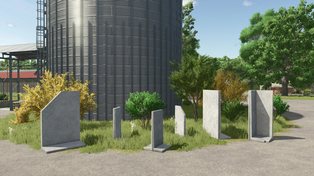 Concrete Wall v1.0.0.0 mod in Farming Simulator 25, showing various concrete wall pieces near a large silos structure.