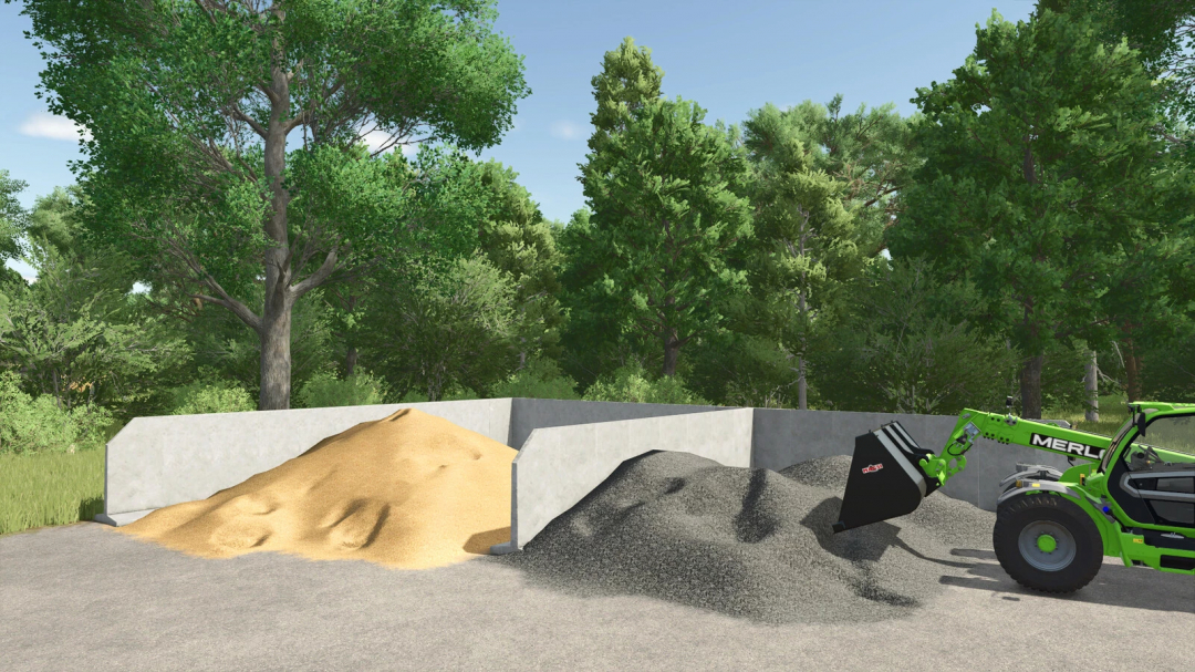 Farming Simulator 25 mod image showing a concrete wall with sand and gravel piles and a green Merlo telehandler for loading.