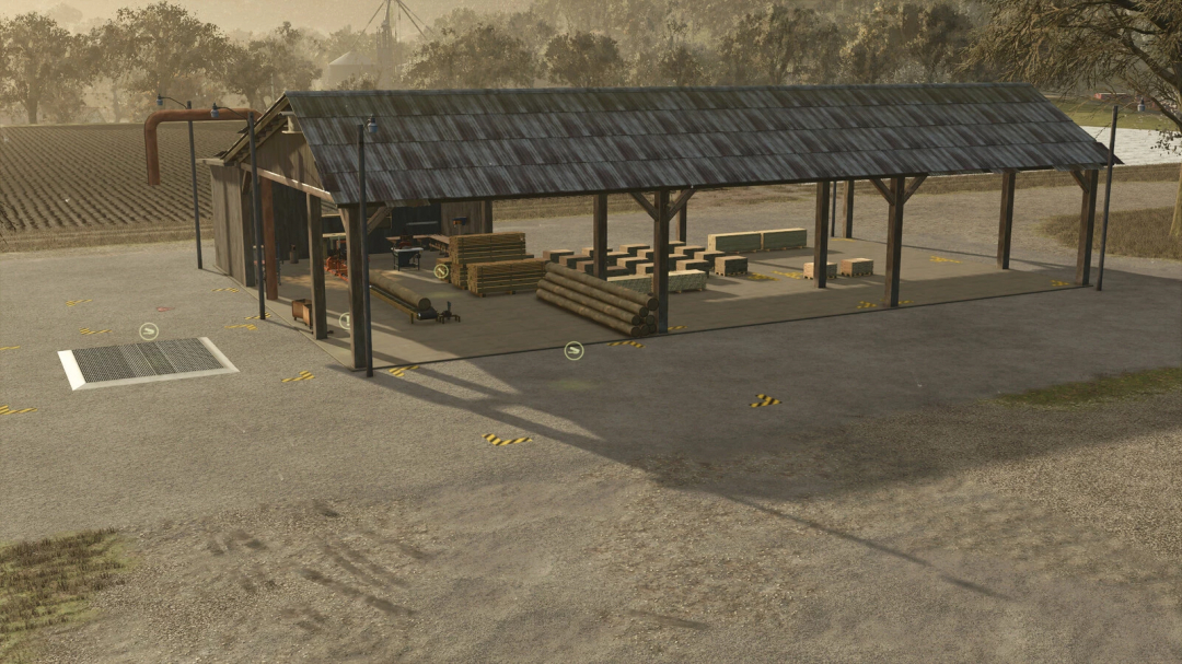 FS25 mod for a Custom Production Saw Mill in Farming Simulator 25, featuring wooden logs and processed wood under a shed.