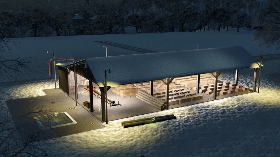 Farming Simulator 25 mod: Custom Production Saw Mill at night, with wood logs and processed lumber in a snow-covered outdoor workshop.