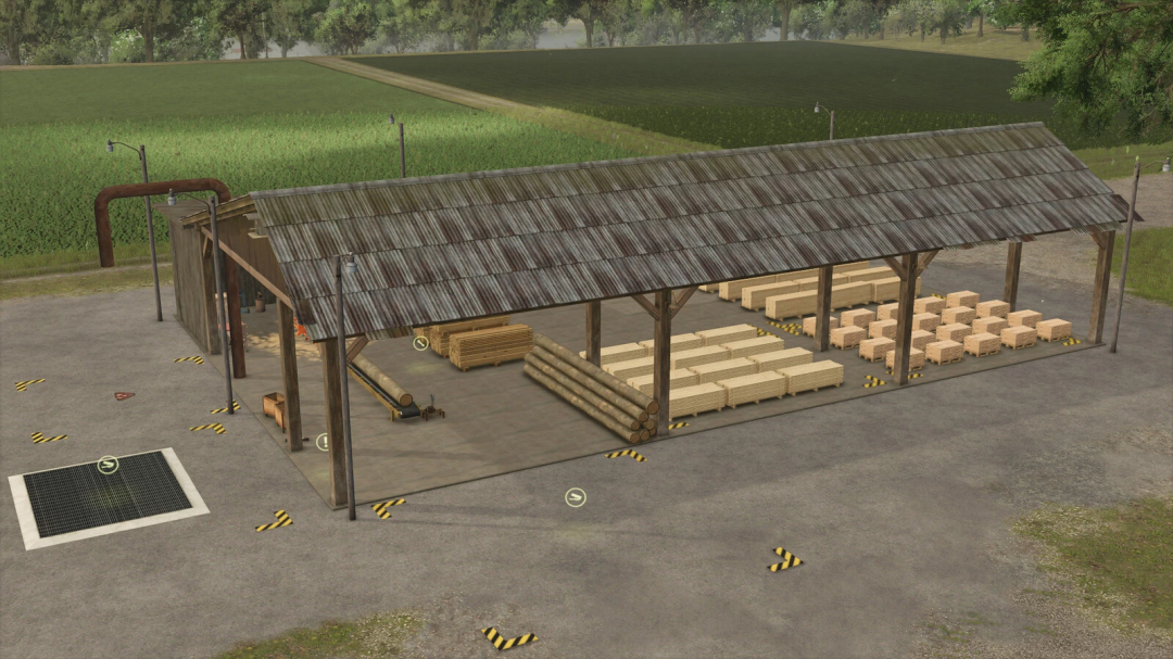 Farming Simulator 25 mod: Custom Production Saw Mill with wooden logs and lumber storage, part of FS25 mods collection.