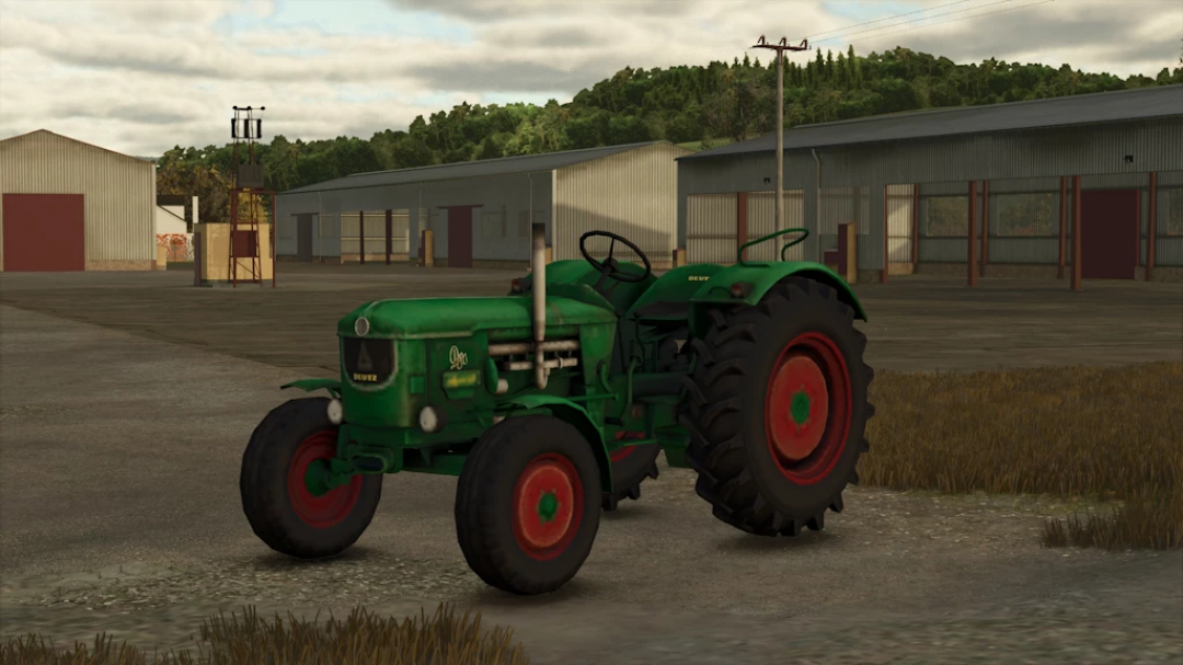 Farming Simulator 25 mod - Green Deutz D80 tractor with red wheels on a farmyard.