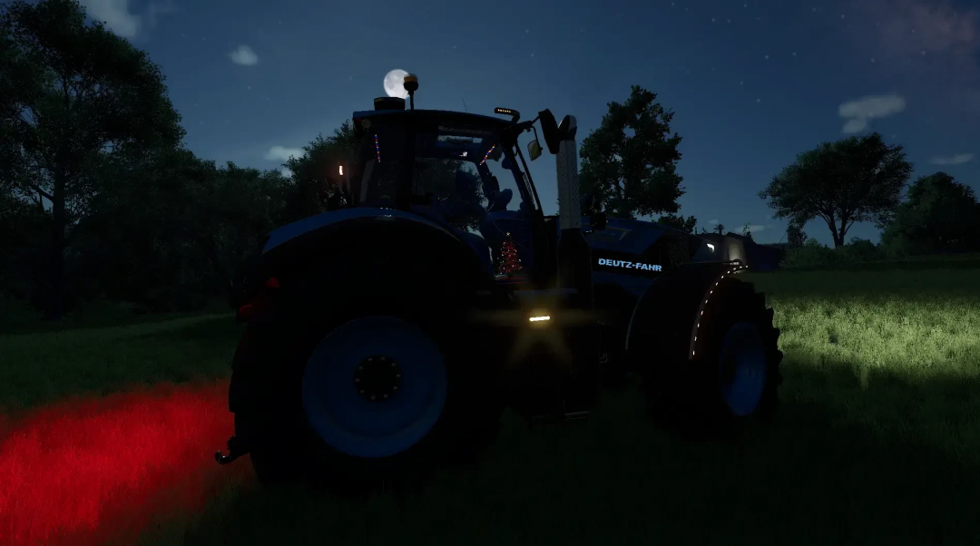 Night scene of a Deutz-Fahr tractor from Farming Simulator 25 mods, with illuminated lights and a Christmas tree visible inside the cab.