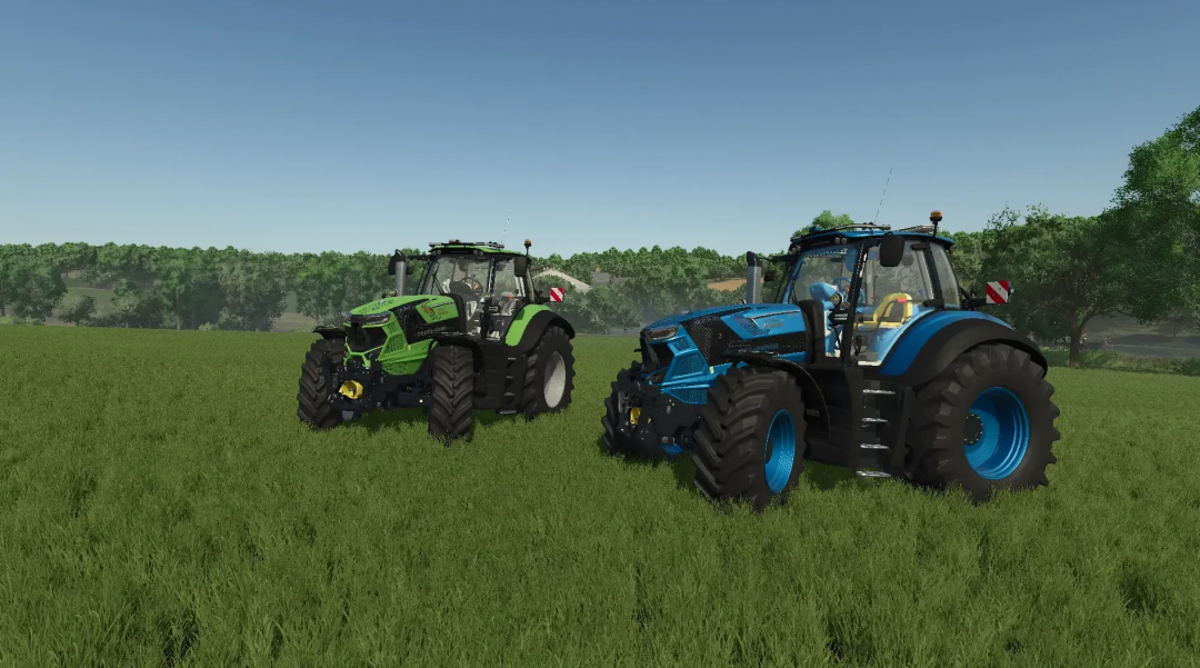 Two tractors from Farming Simulator 25 mods, Deutz Fahr Serie 7 v1.1.1.0, parked on a grassy field with trees in the background.