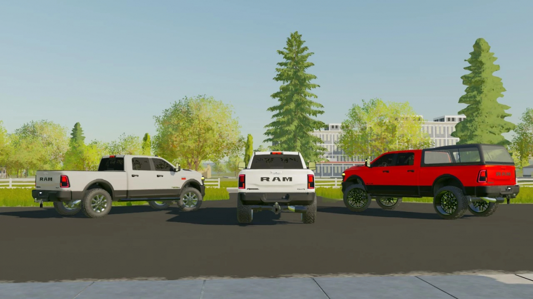 Farming Simulator 22 mods: three RAM Rebel trucks, white and red, parked on a road with trees and buildings in the background.
