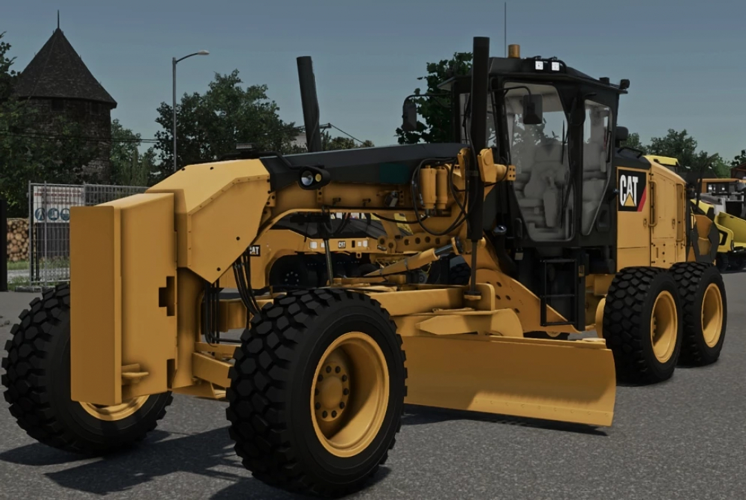 FS22 mods: A Caterpillar CAT140M3 wheel loader in Farming Simulator 22, showcasing detailed construction machinery. Perfect for heavy-duty farming tasks.