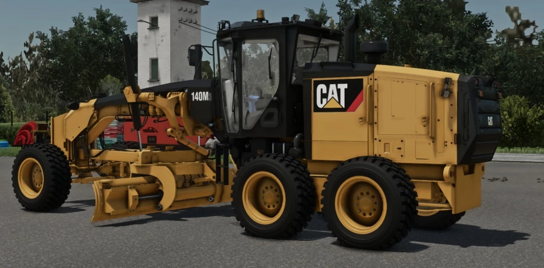 FS22 CAT140M3 v1.0.0.0 mod in Farming Simulator 22, heavy construction machinery with CAT branding, yellow and black color, detailed design.