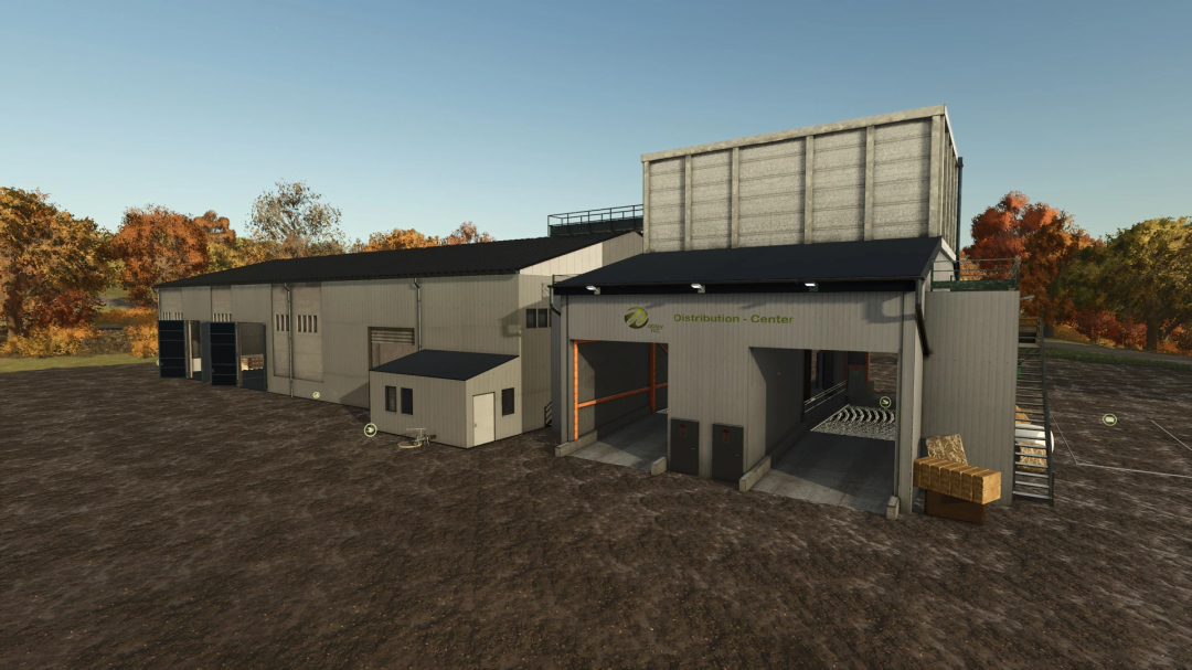 Farming Simulator 25 mod: FS25 DriveIn WobbyTec v1.0.0.0 at the distribution center, with loading bays and storage areas, set outdoors.