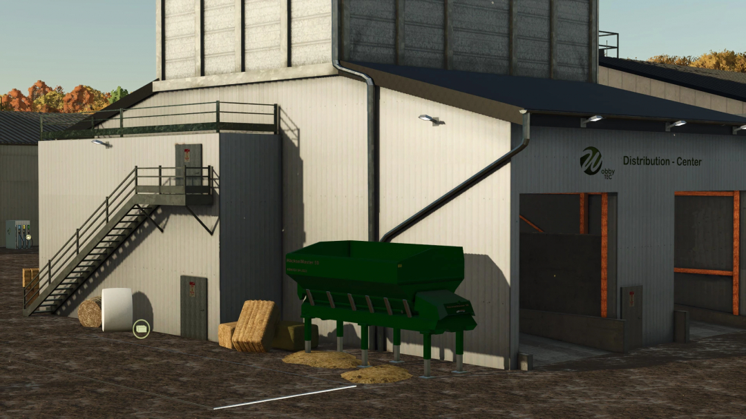 Farming Simulator 25 mods: Distribution Center with manure spreader and hay bales, featuring FS25 DriveIn WobbyTec v1.0.0.0 mod