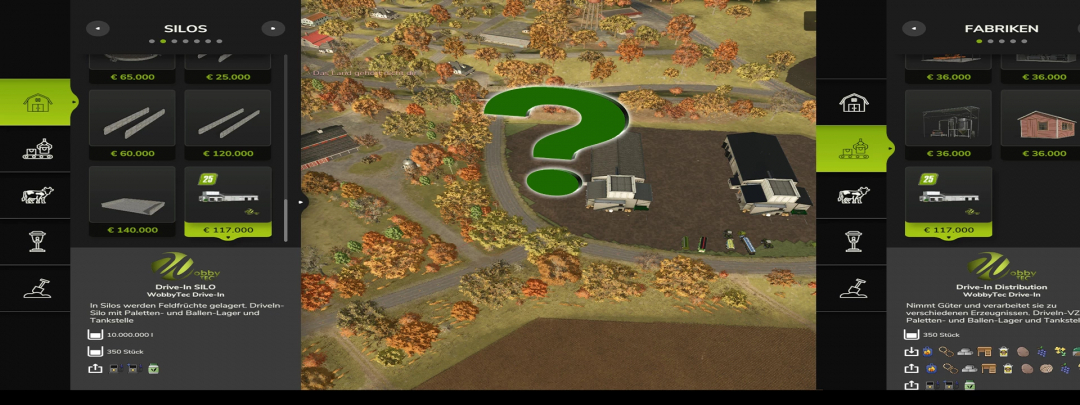 Screenshot of Farming Simulator 25 mod Drive-In WobbyTec v1.0.0.0 showing storage silos and buildings with a large green question mark in the center.