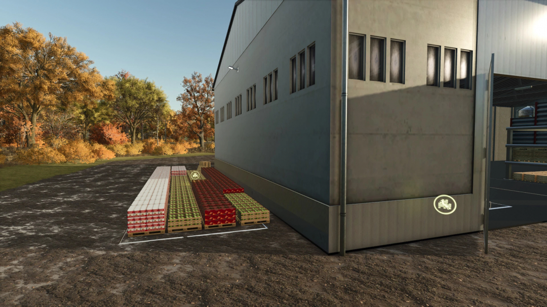 Farming Simulator 25 mod: FS25 DriveIn WobbyTec v1.0.0.0, showing pallets of farm produce outside a warehouse.
