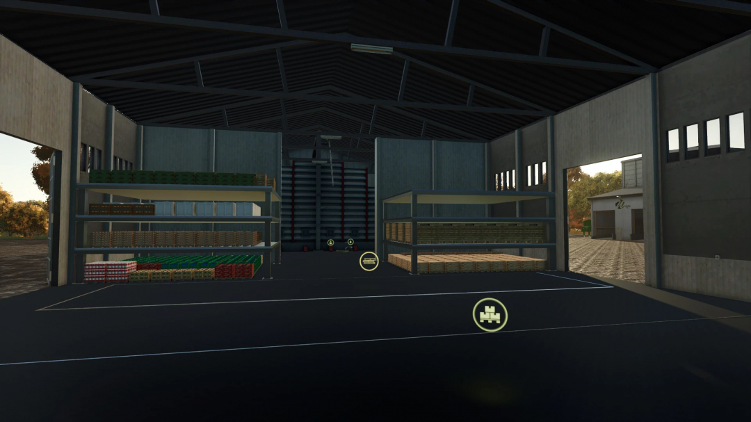 Interior view of a storage shed in Farming Simulator 25 with FS25 DriveIn WobbyTec mod, showing organized pallets and shelves.