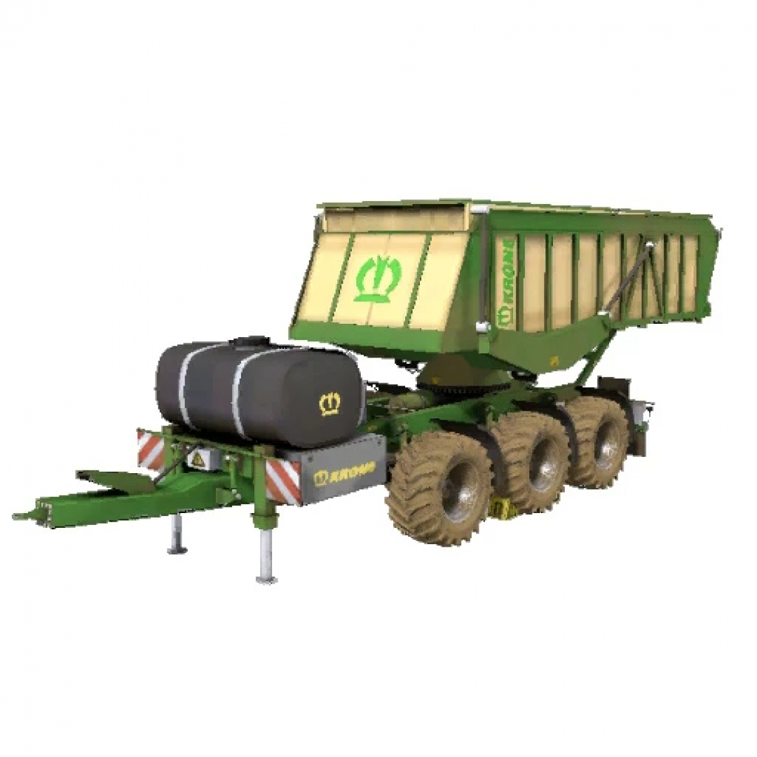 FS25 Krone Cargo trailer mod for Farming Simulator 25, featuring a green agricultural trailer with large tires and loading tank, ideal for farming tasks.