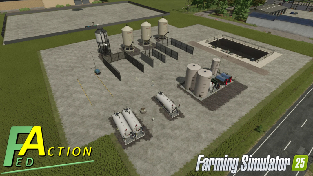 Farming Simulator 25 FS25 mods: Automated farming equipment setup, including silos, tanks, and machinery in the Fed Mods Pack v1.5.1.0.
