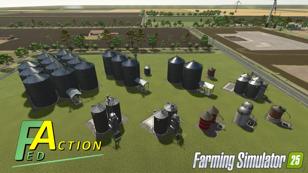 Farming Simulator 25 mods: farm silos and grain storage facilities in the Fed Mods Pack v1.5.1.0 for FS25 game.
