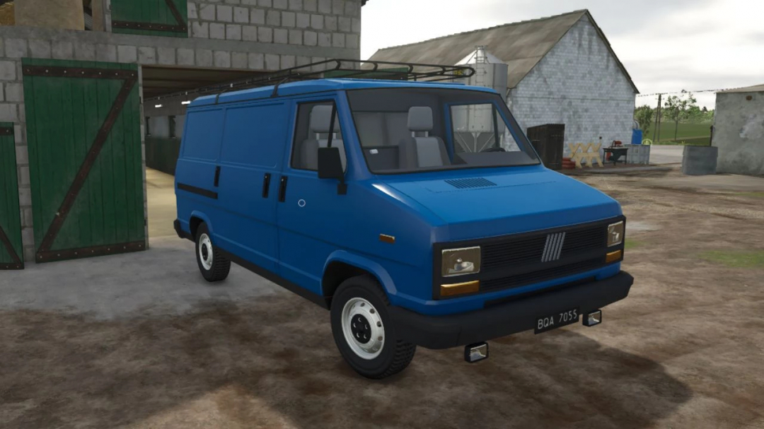 Farming Simulator 25 mod: blue Fiat Ducato 1.9 TD van with roof rack in a farmyard setting.