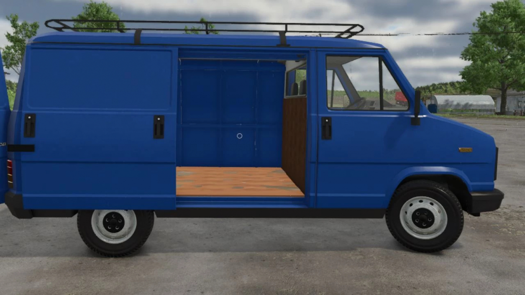 Farming Simulator 25 mod - Blue Fiat Ducato 1.9 TD van with open cargo area and roof rack, part of FS25 mods collection.