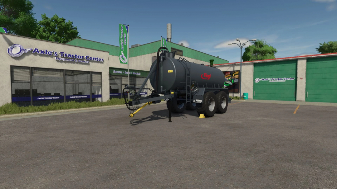 Farming Simulator 25 mods: Fliegl VFW 18000 tanker parked outside Axle's Tractor Center for FS25 mods.