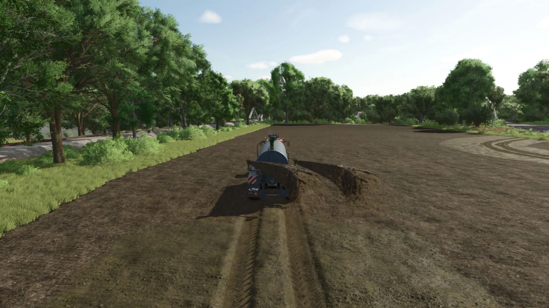 Farming Simulator 25 mod showcasing a Fliegl VFW 18000 slurry tanker in a lush farm field with trees and blue sky