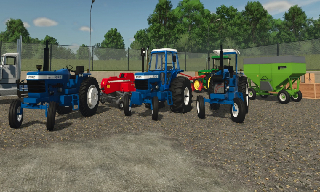 Farm equipment in Farming Simulator 25 featuring Ford tractors and agricultural mods, including a green seed spreader and trailer.