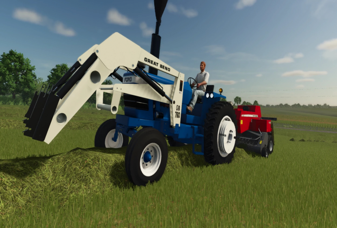 Farming Simulator 25 mod: Ford TW-20 tractor with Great Bend front loader, working in a grassy field.