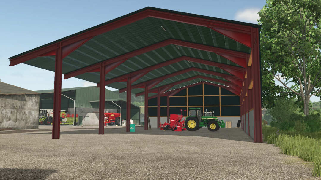 Farming Simulator 25 mod: Front Shed v1.0.0.0, a large red metal storage shed with farm equipment inside, part of FS25 mods collection.