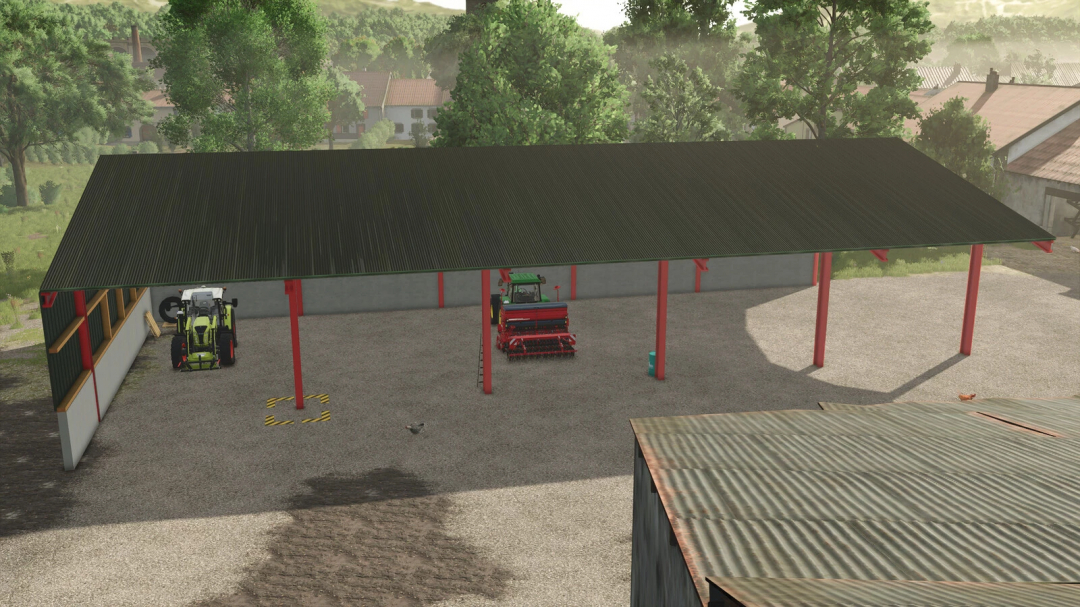 Farming Simulator 25 mods: Front Shed v1.0.0.0 with tractor and equipment inside, suitable for FS25 farming activities.