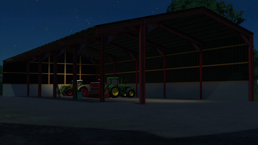 Night view of a farming shed with tractors inside, from Farming Simulator 25 mods, specifically the Front Shed v1.0.0.0.