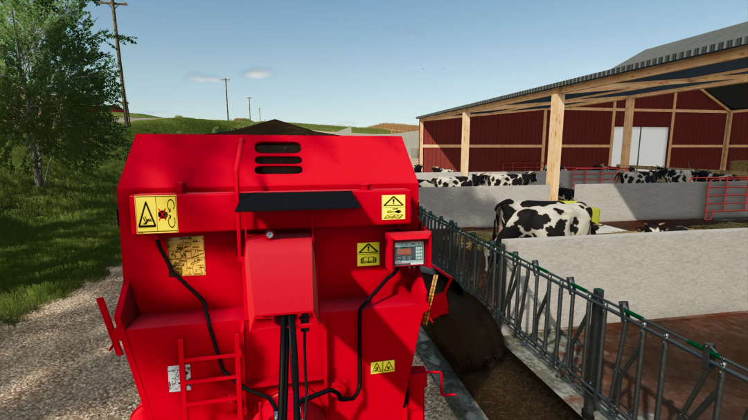 Farming Simulator 25 mod scene with Gehl Mixing Wagon FS25 v1.0.0.0 near a cow barn in a farm setting.
