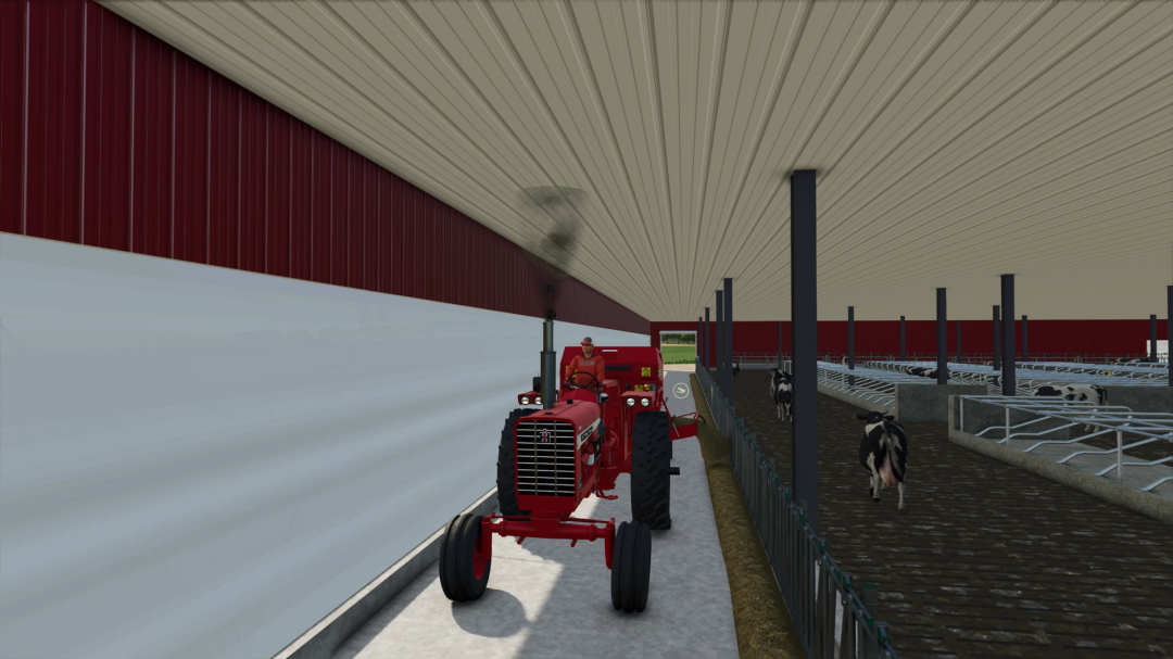 Farming Simulator 25 mod: Gehl Mixing Wagon FS25 v1.0.0.0 inside a barn with cows, used for feed mixing.