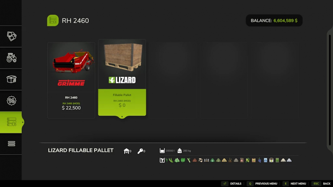 Farming Simulator 25 mod: Grimme RH 2460 with Lizard fillable pallet attachment, in-game screenshot.
