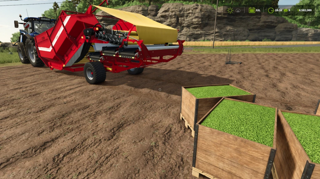 FS25 mod: Grimme RH2460 1.2.0.0 potato harvesting machinery with seed boxes on a farm field.