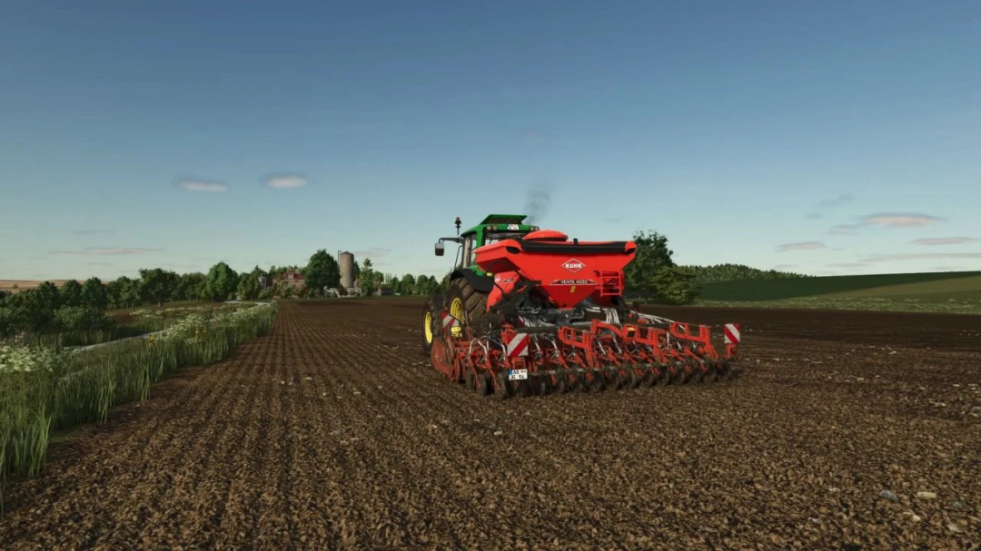 Farming Simulator 25 mod showing a tractor using the Ground Textures Pack v1.0.1.0 mod on a farm field.