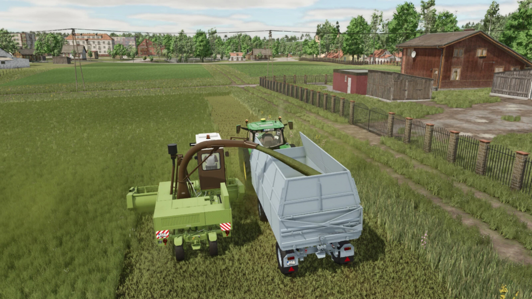 Farming Simulator 25 mods: tractor unloading crop into a grey trailer in a rural field, showcasing the HW80 Trailer v1.0.0.0 mod.