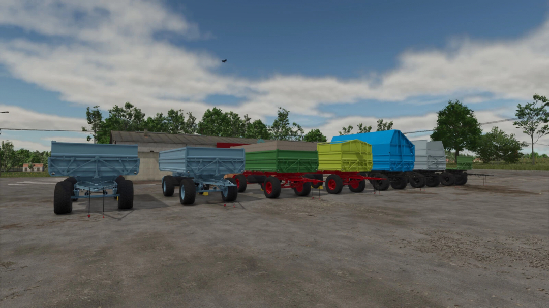 Farming Simulator 25 mods: Colorful variety of HW80 trailers v1.0.0.0 parked outdoors in Farming Simulator 25.