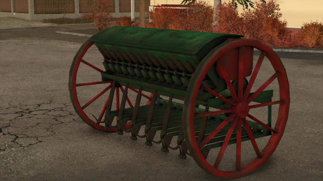 Farm machinery mod for Farming Simulator 25: Hassia FS Placeable 1.1.0.0, vintage seed drill with large red wheels, placed on asphalt.