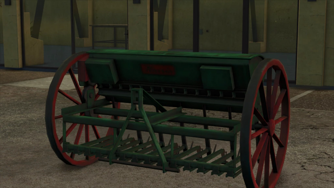 Farming Simulator 25 mod: Hassia FS Placeable 1.1.0.0, vintage green and red seed planter with large wheels, placed outdoors near a building.
