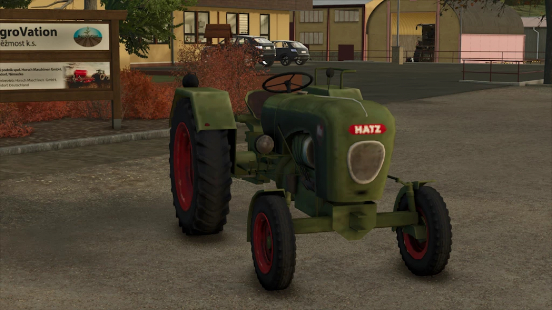Farming Simulator 25 mod: Hatz H340 tractor in a virtual farming environment, with trees, buildings, and vehicles in the background.