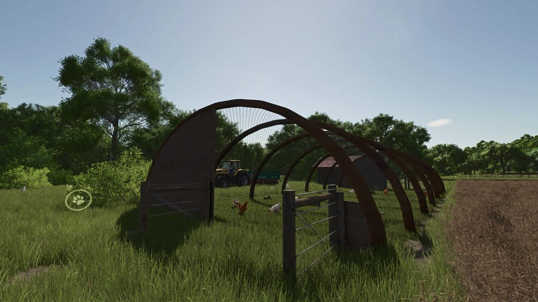 Farming Simulator 25 mod: Homemade Chicken Coop v1.0.0.0 with chickens, grass, trees, and tractor in a rural setting.