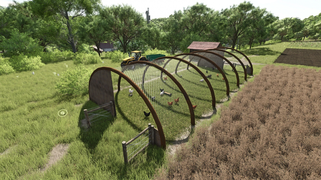 Farming Simulator 25 mod - homemade chicken coop with chickens, tractor, and surrounding farm landscape.