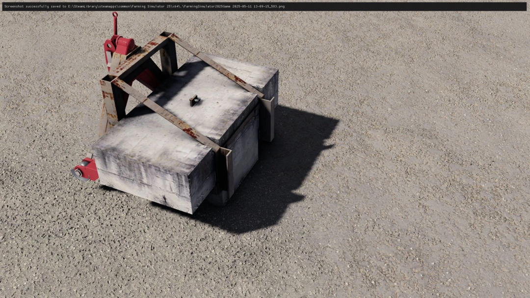 Rusty concrete weight mod in Farming Simulator 25, used to stabilize equipment, shown on gravel ground.
