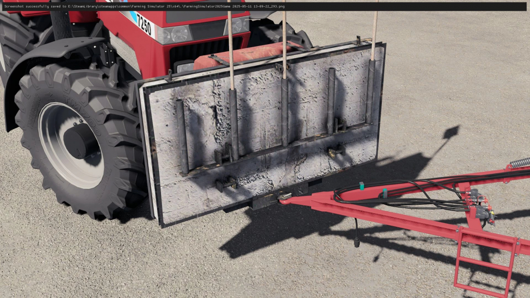 Farming Simulator 25 mod: Home Made Concrete Weight v1.0.0.0 attached to a tractor, used for farming equipment stability.