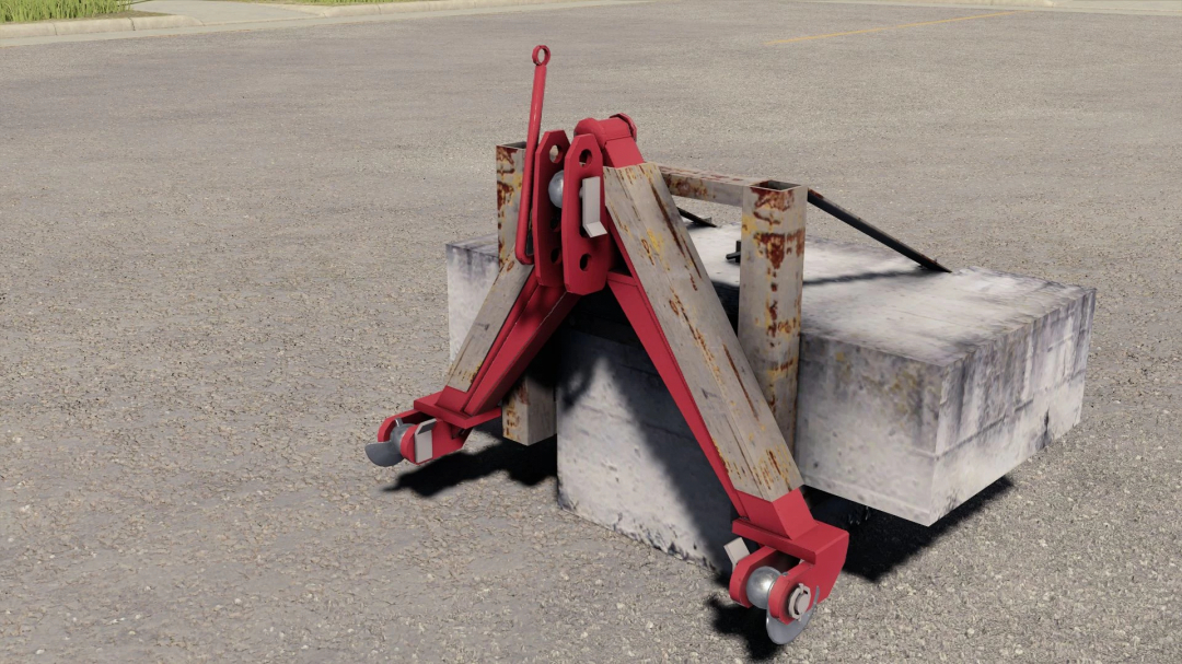 Rusty concrete block with a red homemade concrete weight mod from Farming Simulator 25, placed on asphalt.