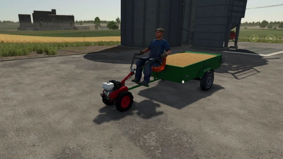 Farming Simulator 25 mod featuring the Honda Rotary hoe tractor with a green trailer, used for soil preparation in FS25.