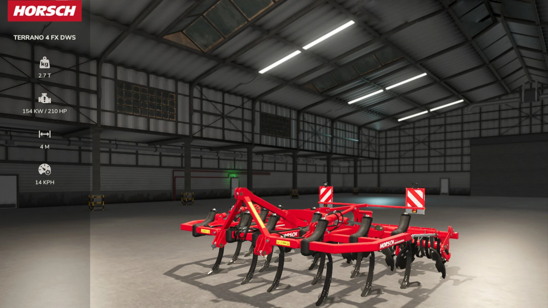Farming Simulator 25 mod: Horsch Terrano 4 FX in a warehouse, with specifications such as 2.7 tons weight, 154 kW/210 HP power, 4 meters width, and 14 KPH speed.
