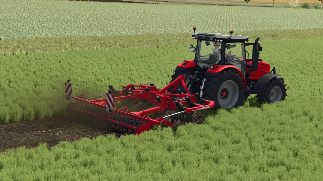 Farming Simulator 25 mod featuring a red Horsch Terrano 4 FX tractor with tillage equipment working on a green field.