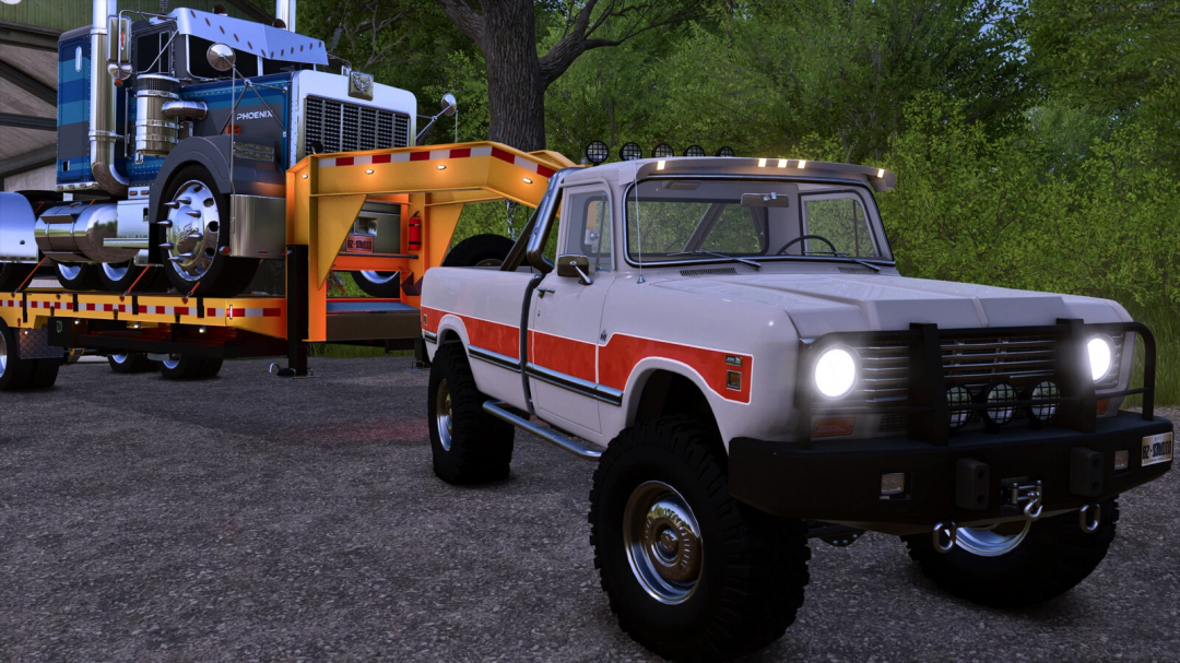 Farming Simulator 25 mods: Classic white pickup truck with orange stripe towing a semi-truck with a blue Kenworth IH 200 Series Custom mod.
