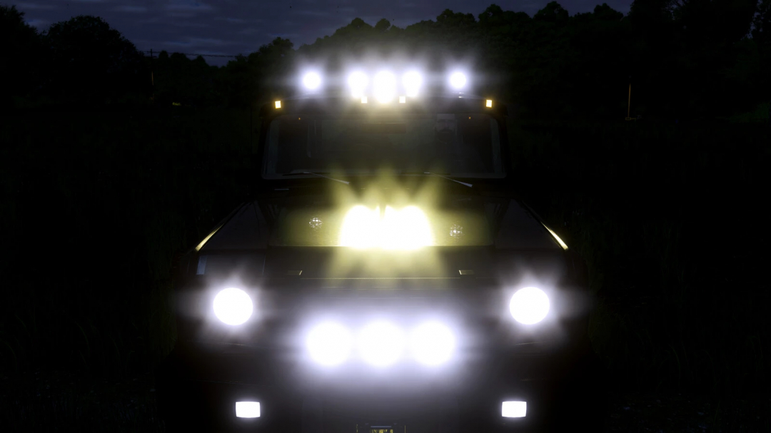Farming Simulator 25 mod featuring a dark night scene with a large truck illuminated by powerful headlights, showcasing the IH 200 Series Custom v1.0.0.0.