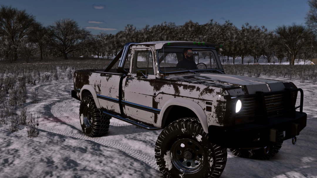 Off-road modified pickup truck in snowy landscape from Farming Simulator 25 mods, IH 200 Series Custom v1.0.0.0.